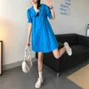 Blue Fuchisia Biały Solid Solid Curl Down Collar Button Krótki Rękaw Loose Mini Dress Summer Casual Puff D1904 210514