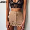 Aproms élégant fait à la main coton Crochet Mini jupes femmes été taille haute noeud papillon jupe dames plage Bikini bas Saias 210619