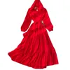 빈티지 여성 Kleid Boho 드레스 가을 긴 소매 후드 es 우아한 숙녀 높은 허리 레드 맥시 Vestidos 210525
