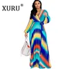 Сюру женские длинные Maxi платье цветочные напечатанные длинные рукава V шеи пояса шифоновые платья повседневный пляж свободное платье плюс размер S-3XL-5XL X0521