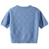 Hollow Out Ladies Knitted Tee Tops Korean Trendy Summer V-Neck Argyle Plaid Short Sleeve Slim T-Shirt B-092 210522