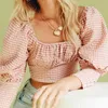 Femmes Plaid Crop Top Blouses Col carré Blouse élégante Chemise Dames Lanterne Manches Casual Court Tunique Tops 210508