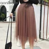 Tulle Skirts Black Grey Long Elastic High Waist Pleated Irregular Mesh Reversible Midi 210604