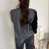 Gratis chique herfst hoge kraag zijknopen nep tweedelige shirt stitching gestreepte bubble mouw trui blauwe vrouwen 210524