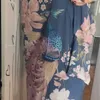Boheemse V-hals Pauw Bloem Print Lange Kimono Shirt Etnische Nieuwe Lacing Up Sashes Lange Cardigan Losse Blouse Tops Femme 210323