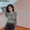 Kadınlar İnce Kısa Uzun Kollu Dragon Çiçek Graffiti Baskılı Düğme Blon Korean Sonbahar Üst Bandaj Harajuku Seksi Tee Sesli 210326