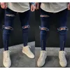 Jungen Herren Mode Blau zerrissene Skinny Stretch Biker Reißverschluss Jeans Hose X0621
