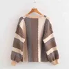 Women Trui Winter Warm Gebreide Losse Jumper Tops Mode Kleur Blok Pullovers Lantaarn Mouw Stripe Sweaters 210805