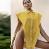 Lady Moda Sokak Stil Düğmeleri Up Gömlek Tops Seksi Yaz Kadın Kolsuz Derin V Boyun Katı Renk Düzensiz Hem Gevşek Bluz