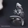 Real 925 Sterling Silver Unique Male Finger Gray Lizard Red Stone Animal Rock Punk Round Crystal Ring for Men Women