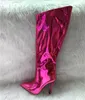 Metallic Leather Women Knee High Boots stilettos klackar spetsade tå mode kvinnliga festskor nattklubb reflekterande mujer 220110