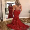 Sexy Red Mermaid Prom Dresses z koronki Eleganckie ciasne Slim Backless Suknie Wieczorowe Sweep Pociąg Długie Formalne Gradienie Nosić Spódnicę Szata Soiree Mariage