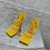 XIBEILOVE 2021 Yeni Seksi Sarı Mesh Yüksek Topuklu Sandalet Kare-toe kadın Çapraz Kayış Dantel-up Stiletto Hollow Shoes Y0721