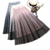 Jupe longue en tulle femmes dégradé couleur printemps été coréen élégant femme a-ligne plissée école midi 210514