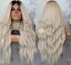 Högtemperaturfiber Ombre Red Body Wave Wig Middle Part Naturliga Långa Vågiga Syntetiska Spets Front Paryk för Kvinnor