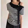 Summer Striped Knitted Knitwear Pullover Women Short Sleeve One-shoulder Sweater Tops Korean Sexy Stylish Ladies Jumpers 210513