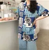 Harajuku Sommar Kortärmad Blus Kvinnor Blå Skriv ut Lös skjorta Hög lågt topp och blusar Kläder 210427
