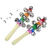 50pcs 18cm Party Favor Rattles Jingle Bells Wooden Stick style Rainbow Hand Shake Sound Bell Baby Educational Toy Children Gift