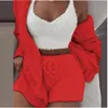 Women's Shorts Three Pieces Set Women Winter Autumn Plush Home Wear Casual 3-Piece Pajamas Long-Sleeved Navel Vest Top And