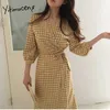 Yitimuceng robes à carreaux pour femmes grande taille robe longue mode taille haute à lacets jaune noir et blanc robe d'été 210601