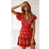 Ruffle Sleeve Floral Print Ethnic Summer Beach Kobieta Split Stylowe Kobiety Sukienka Bez Rękawów V-Neck Spaghetti Pasek Plażowa Dress 210527