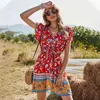 Summer Beach A-Line Drukuj Sukienka Pozycjonowanie Kierowczy Krzyż Krzywa Ruffles Sleeve Damskie Vestidos 210508