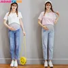 Vintgae Washed Denim Umstandsjeans für schwangere Frauen Kleidung elastische Taille Bauch lose Hosen Schwangerschaft Gravidas Kleidung 210713