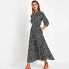 Vintage Floral Print Maxi DrWomen Boho Three Quarter Sleeve Long DrTurn Down Collar Casual Shirt Dresses Robe X0621