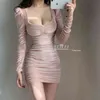 Womengaga 2021 Sweet Lady Terement Spring Low Square Collar Fold Pencil Buttock Sexig Långärmad Kvinnor Party Dress Pink U8T X0521