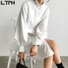Chegada de outono moda vintage vintage colar simples cor sólida camisa vestido mulheres lanterna manga solta longos vestidos 210427