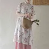 Johnature femmes Style chinois robe Ramie Stand manches courtes Cheongsam été imprimé Floral a-ligne bouton robes 210521
