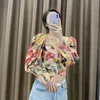 Fashion Tie Dye Corset Crop Top Women Retro Elastic Pleated Blouses Woman Long Sleeve Streetwear Ladies Tops Tunic 210430