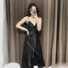 VUWWYV Black Satin Party Dress Women Sexy Backless Straps Midi Woman Gathered Chest Pleated Ladies es Gowns 210430
