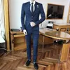 (Jackbyxor) High-end Brand Casual Business Mens Slim Suit Plaid Groom Wedding Dress Male Formal Stand Collar Passar 2st Set X0909