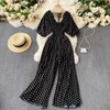 Kobiety Polka Dot Rompers Korean V Neck Backless Sleeve Sumpsuits Summer Chic Elastyczne Ruche Rompers 210715