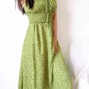 Summer Sexy Bow Bandage Slash Neck Vintage Floral Dot Fold Vita alta Ragazza femminile verde Tnak Print Dress E263 210603