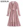 Floral Stand Collar Bownnot Loose Pleated Mid-Length Chiffon Dress With Liner Chic Street Elastic Waist Basic Plus 210601