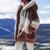 女性のカジュアルな緩い長袖のアウターウィンターの暖かい豪華な毛皮の女性のジャケットファッションパッチワークジッパーポケットフード付きコート211130