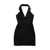 TwotWinstyle preto vestido sem encosto para mulheres cautelar colarinho sem mangas altas cintura sexy mini vestidos feminino verão moda 210517