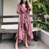 Pink Black Ruffle Wrap Dress Half Sleeve Split Maxi Long Solid Flare V Neck Summer D0702 210514
