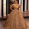 2022ゴールドボールガウンQuinceaneraドレス恋人コルセットトップレーススパンコールProm Gowns Ruffles Sweet 15驚異ドレス