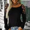 Damskie Bluzki Jesień Kobieta Czarny Podstawowy Shinny Moda Casual Crew Neck Studded Hollow Out Długi Rękaw T-shirt Tops