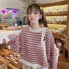 Herbst Winter Mode Gestreifte Pullover und Pullover Oneck Koreanischen Stil Crop Pull Lose Top Oversize Jumper 210430