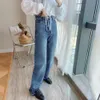 Damen-Jeans, gerade, in voller Länge, verblasste High-Waist-Jeans im Five-Pocket-Design, Reißverschluss und Metallknopfverschluss oben 210520
