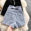 Sexy alta cintura jeans shorts mulheres slim botão voar magro jeans mulher streetwear oco out preto calças 210525