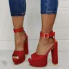 Sandali fibbia cinturino rosso piattaforma bling diamanti rotondi peep toe scarpe da donna moda tacchi alti estate grande taglia 47