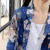 Yaz Sanatları Tarzı Kadın Yarım Kollu Gevşek Bağbozumu Baskı Blazer Femme Ceket Tek Düğme Pamuk Keten Blazers M179 210512