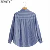 Zevity Frauen Vintage Gestreiften Druck Button Up Design Shirts Weibliche Langarm Casual Business Bluse Chic Blusas Tops LS9276 210603