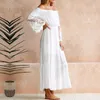 Moonbiffy Summer Sundress Women White Beach Strapless Long Sleeve Loose Sexy Off Shoulder Lace Boho Cotton Maxi Dress Q190511