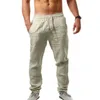 2021New hommes coton lin pantalon mâle été respirant couleur unie lin pantalon Fitness Streetwear S-4XL Y0811